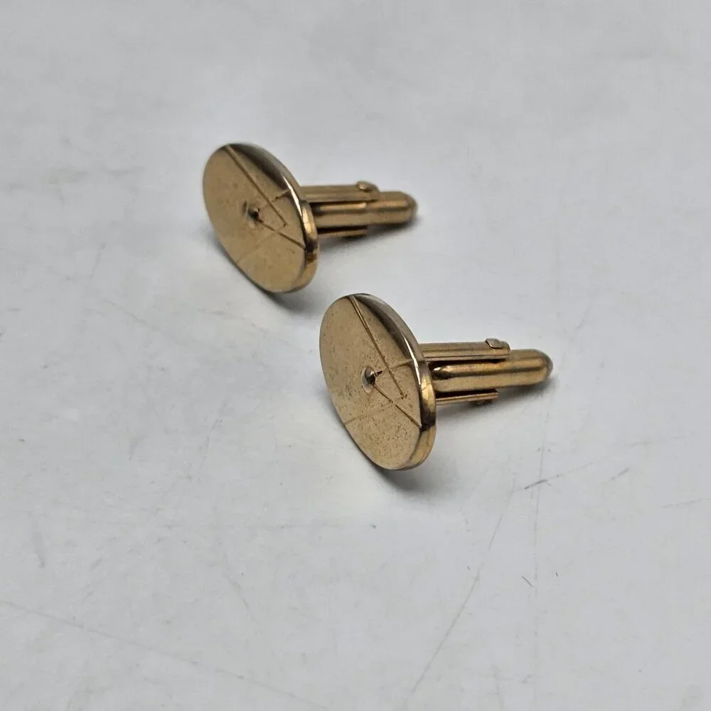 Vintage Gold Oval Cufflinks With Geometric Engraving Mid Century